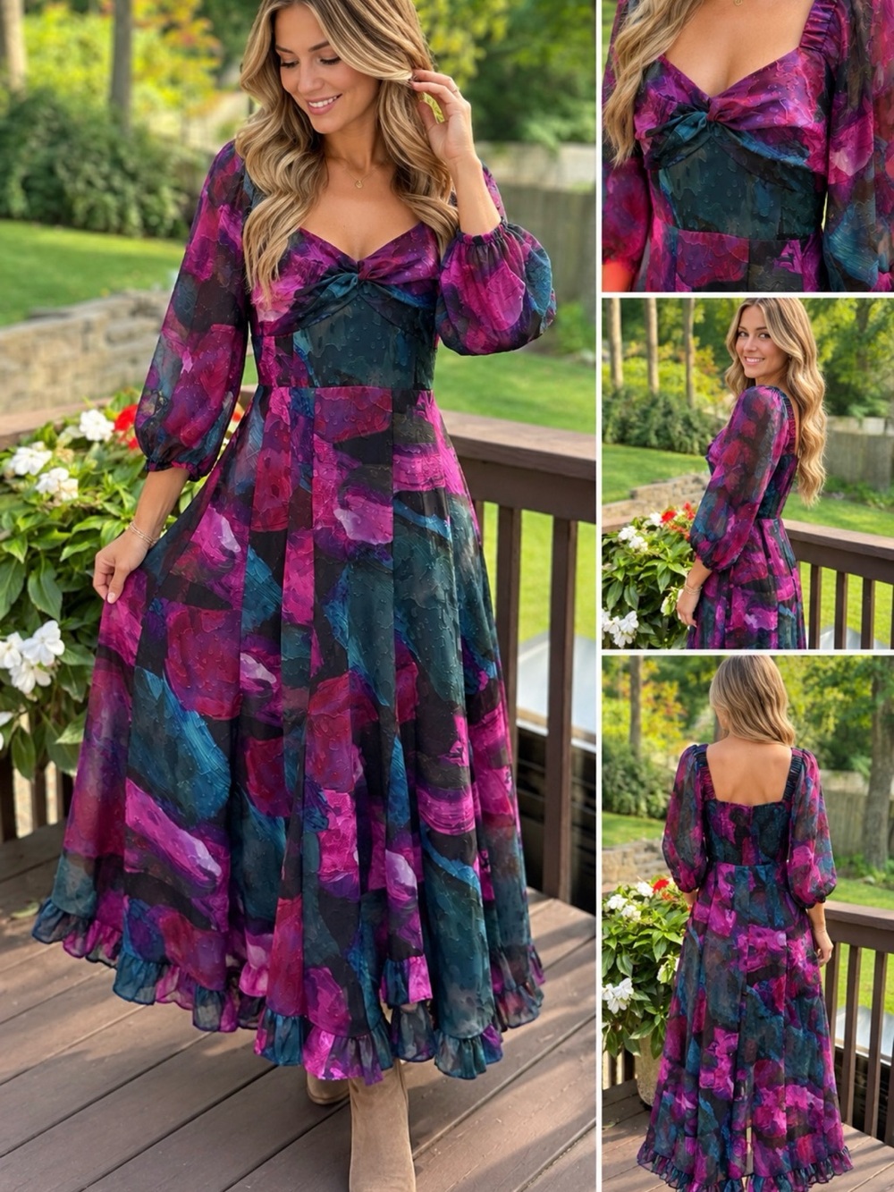 Hutch Pink & Teal Abstract Floral Maxi Dress with Puff Sleeves